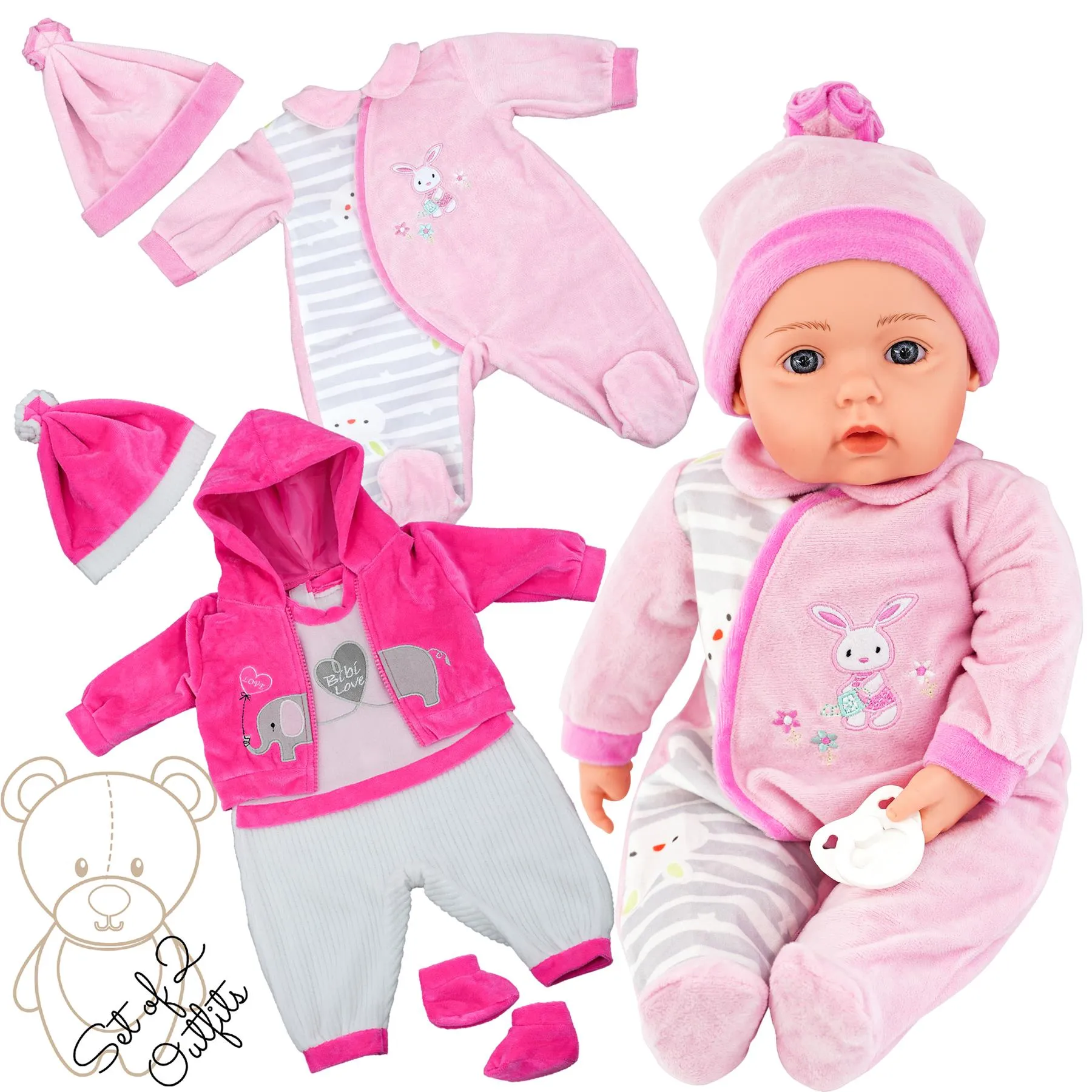 BiBi Outfits - Set of Two Doll Clothes (Pink Elephant & Pink) (50 cm / 20")