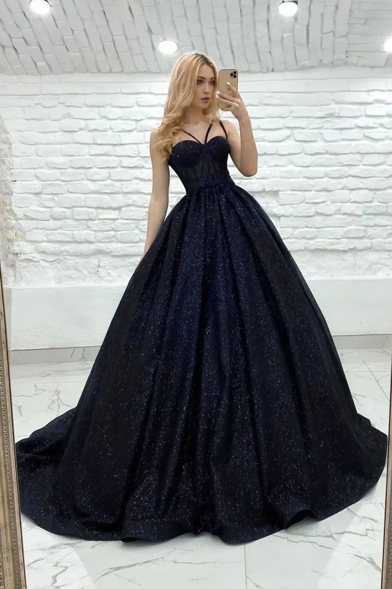 Black A line long prom dress black evening gown TR0722