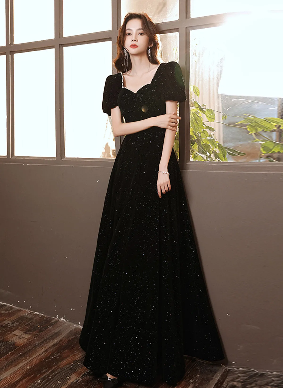 Black A-line Velvet Long Formal Dress, Black Sweetheart Long Prom Dress