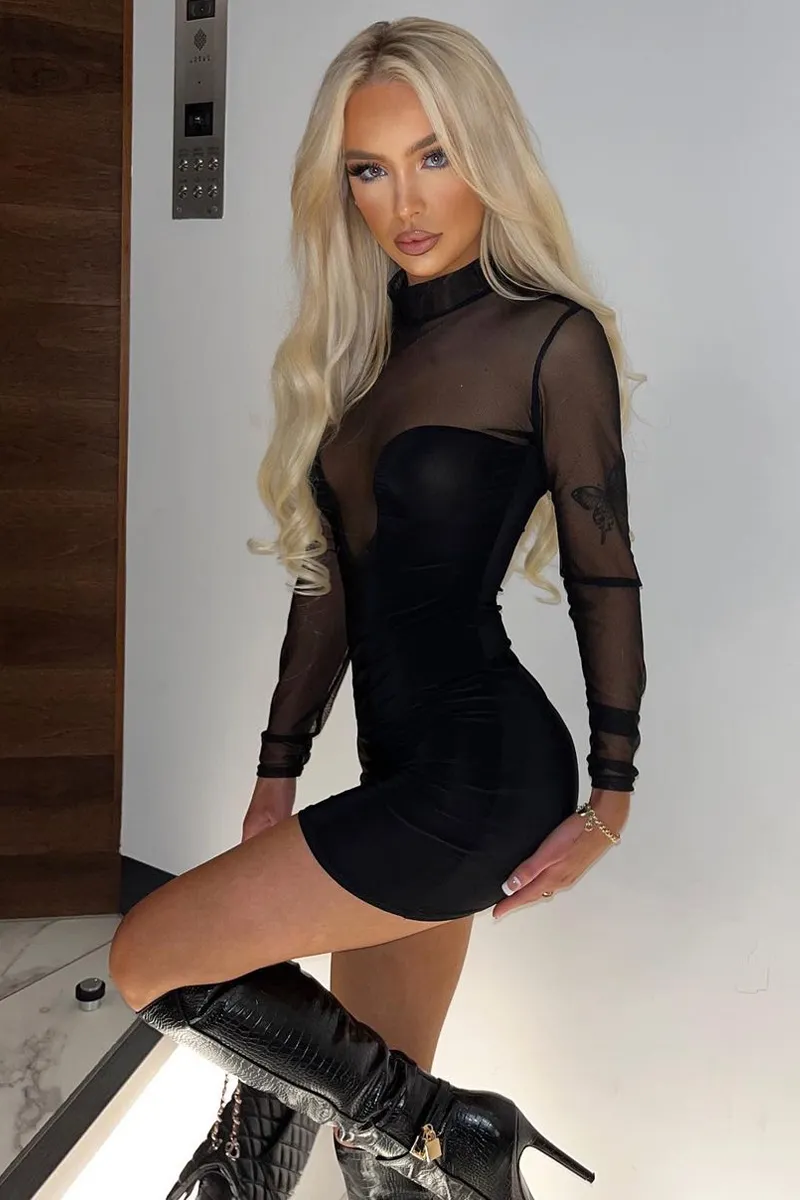 Black Curved Bust Mesh Detail Dress - Emmy