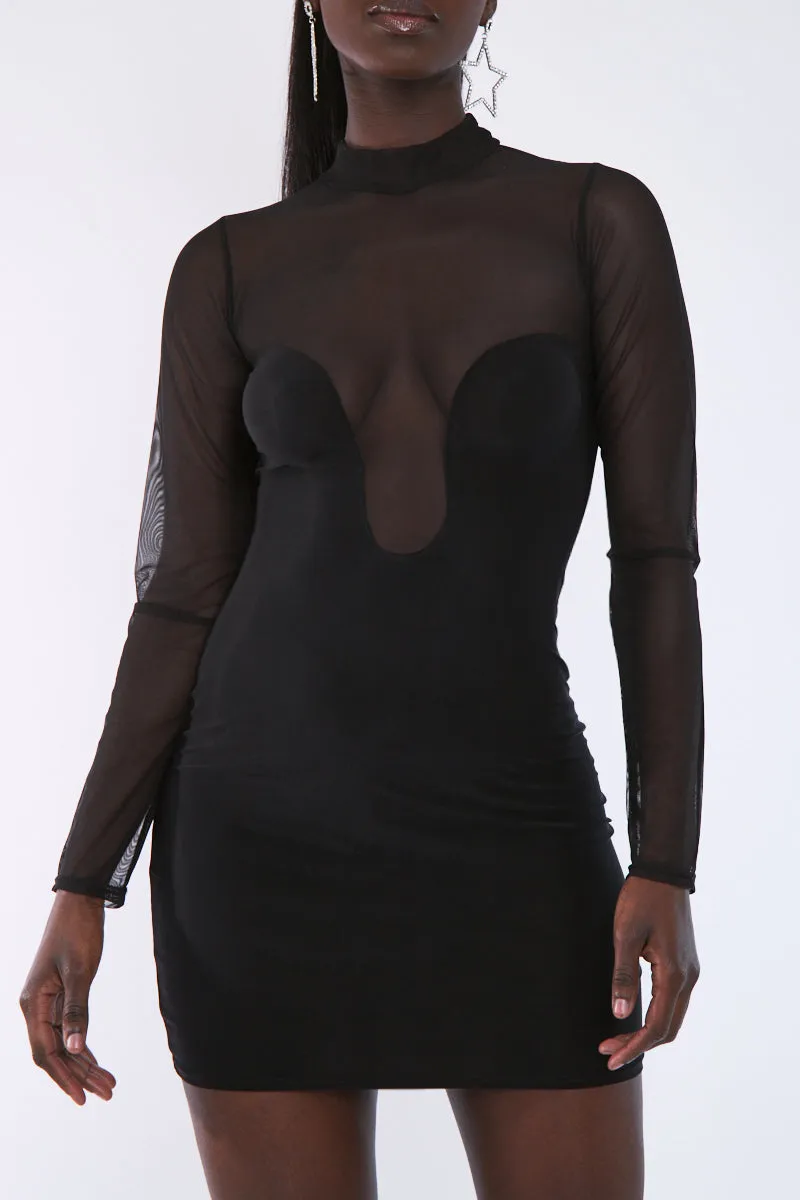 Black Curved Bust Mesh Detail Dress - Emmy