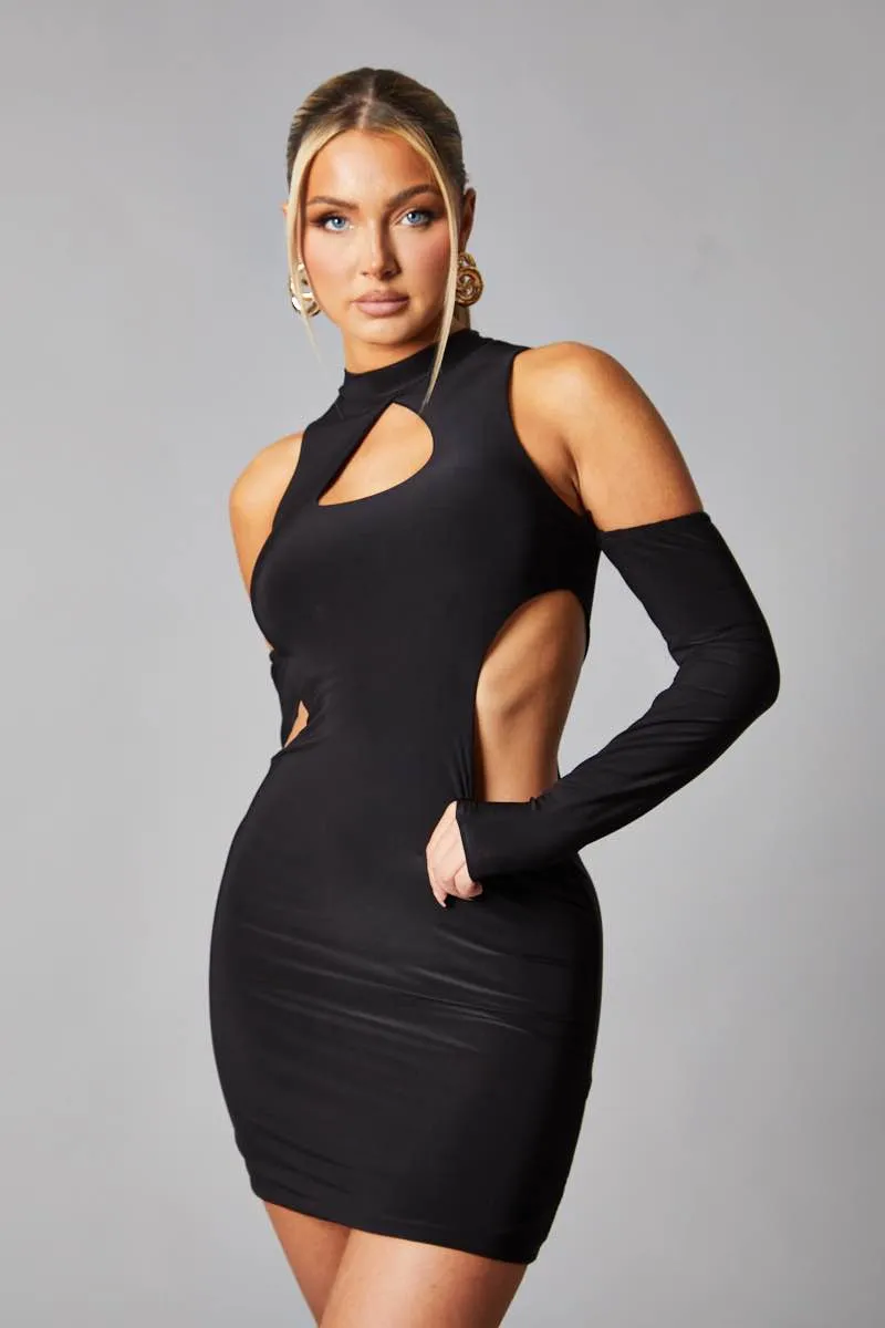 Black Cut Out Waist Cold Shoulder Mini Dress - Alira