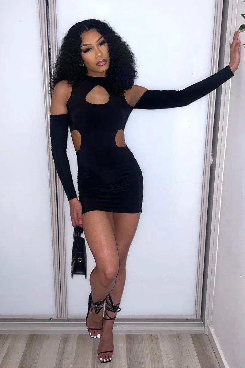 Black Cut Out Waist Cold Shoulder Mini Dress - Alira