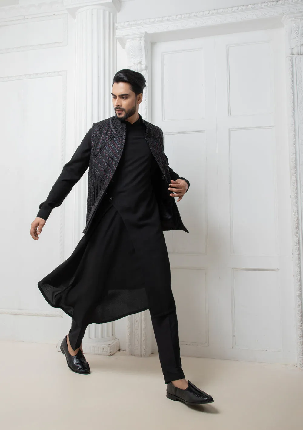 Black Embellished Jacket With Draped Kurta Set