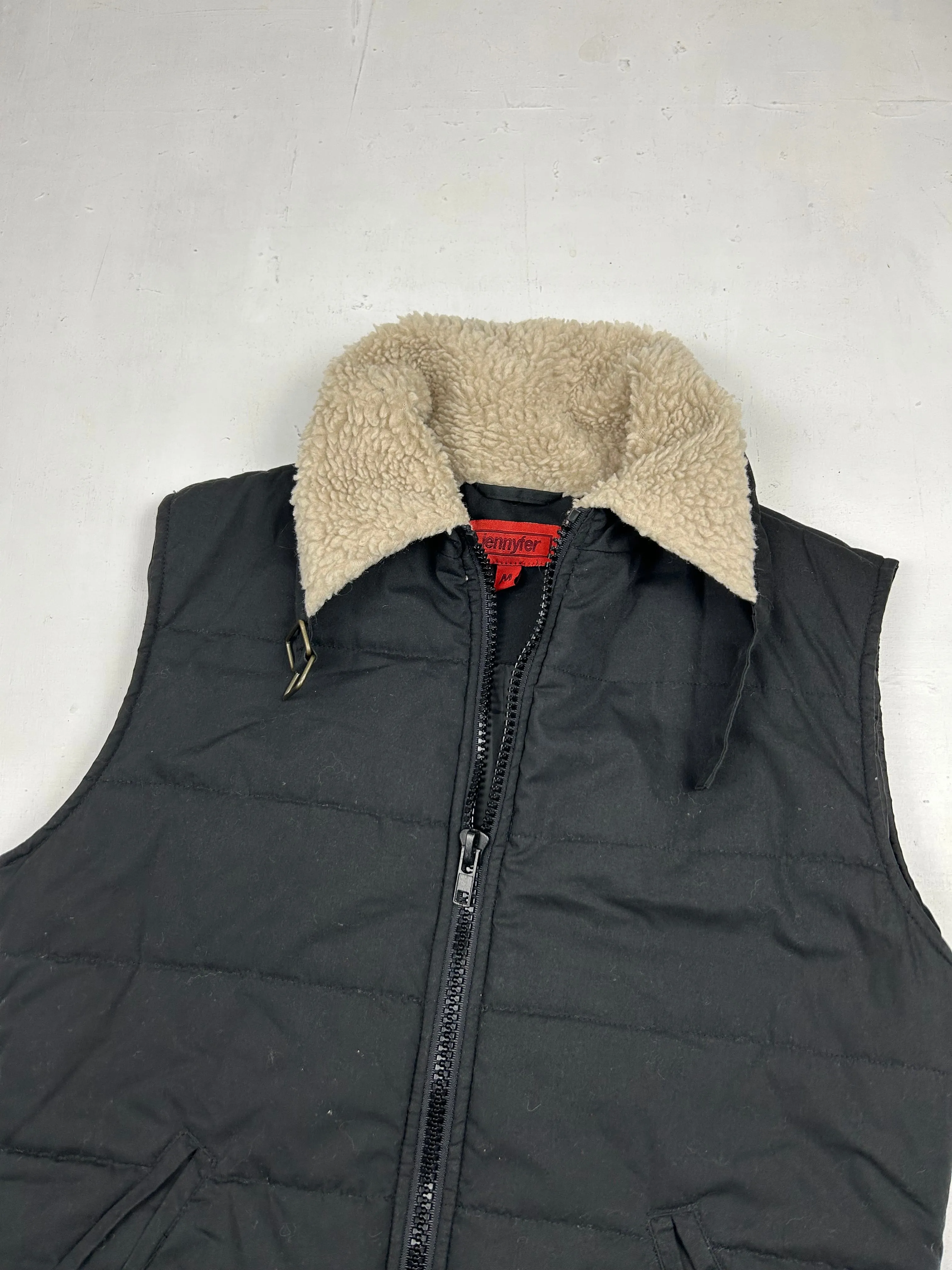 Black faux fur y2k gilet sleeveless jacket (M)