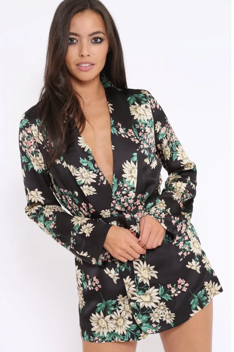 Black Floral Satin Blazer Dress - Erica