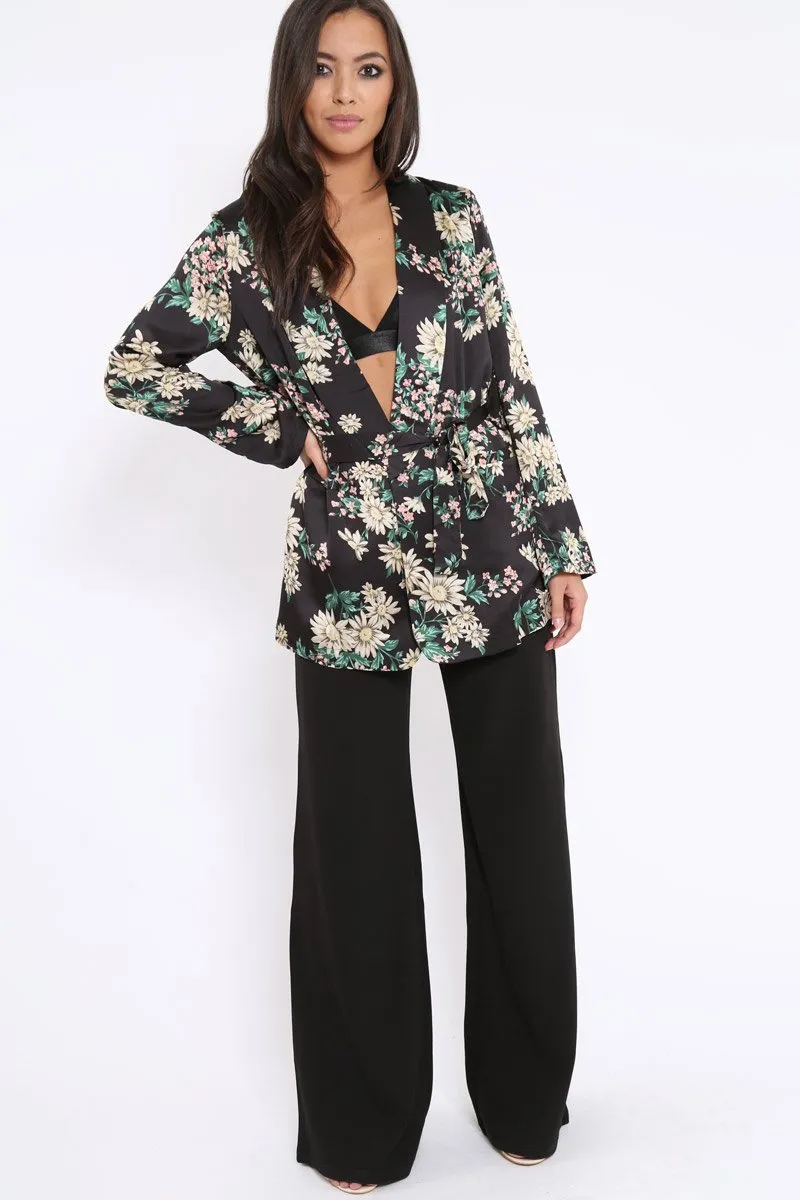 Black Floral Satin Blazer Dress - Erica