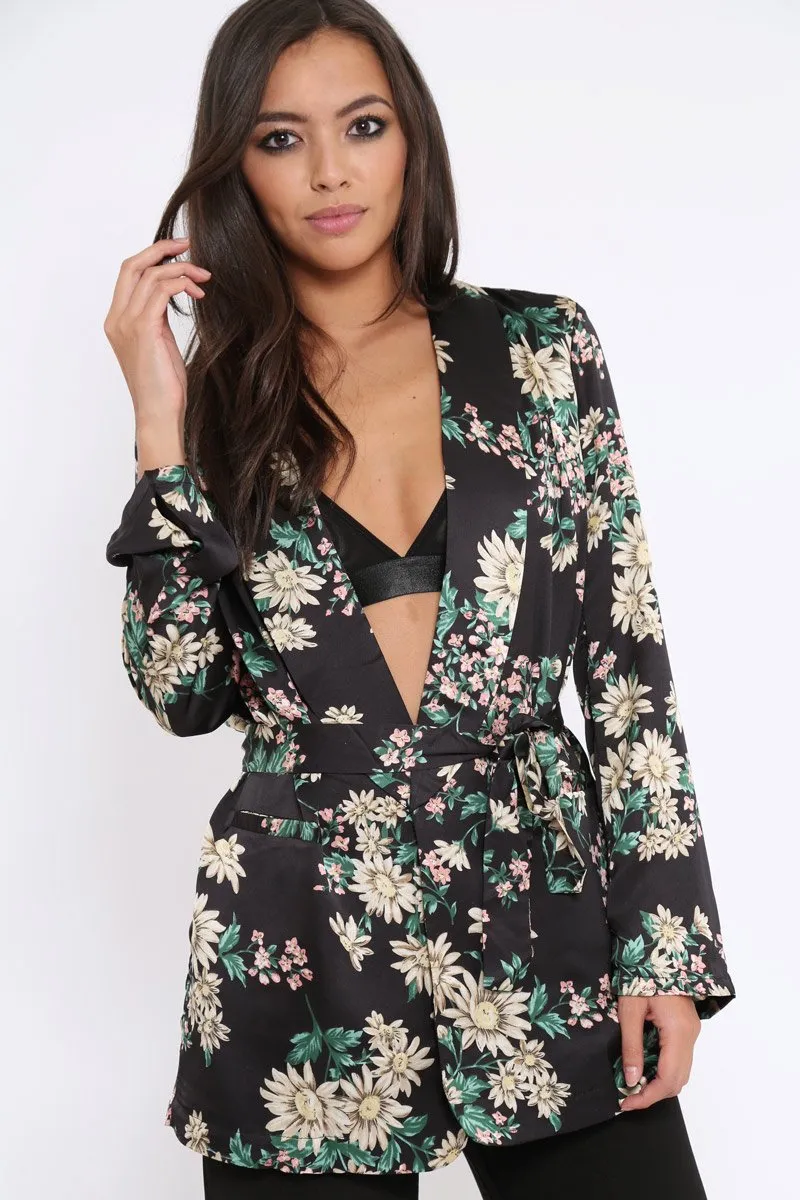 Black Floral Satin Blazer Dress - Erica