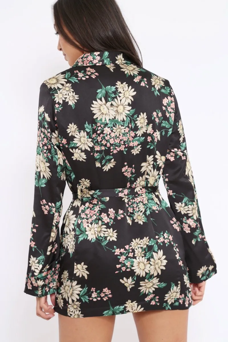 Black Floral Satin Blazer Dress - Erica