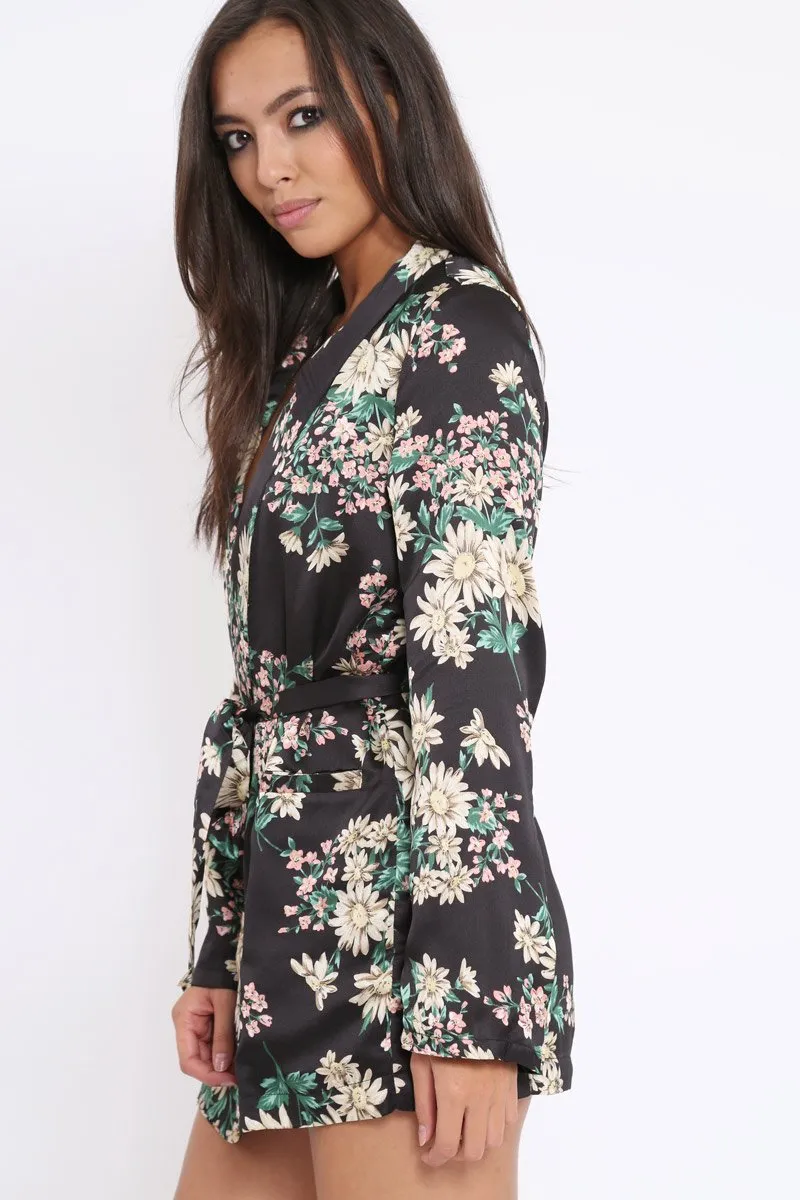 Black Floral Satin Blazer Dress - Erica