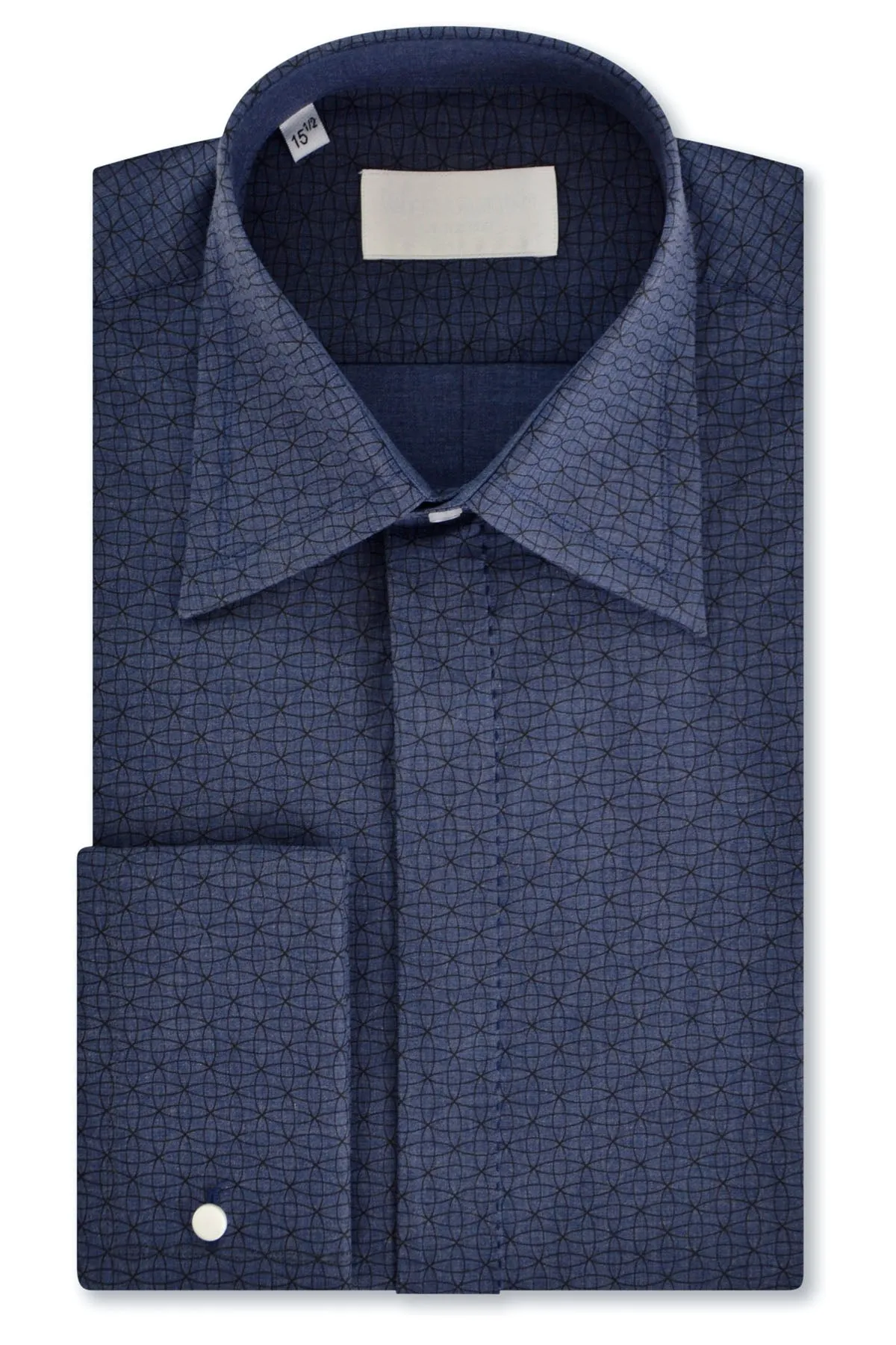 Black Geometric over Slate Blue Forward Point Collar Shirt