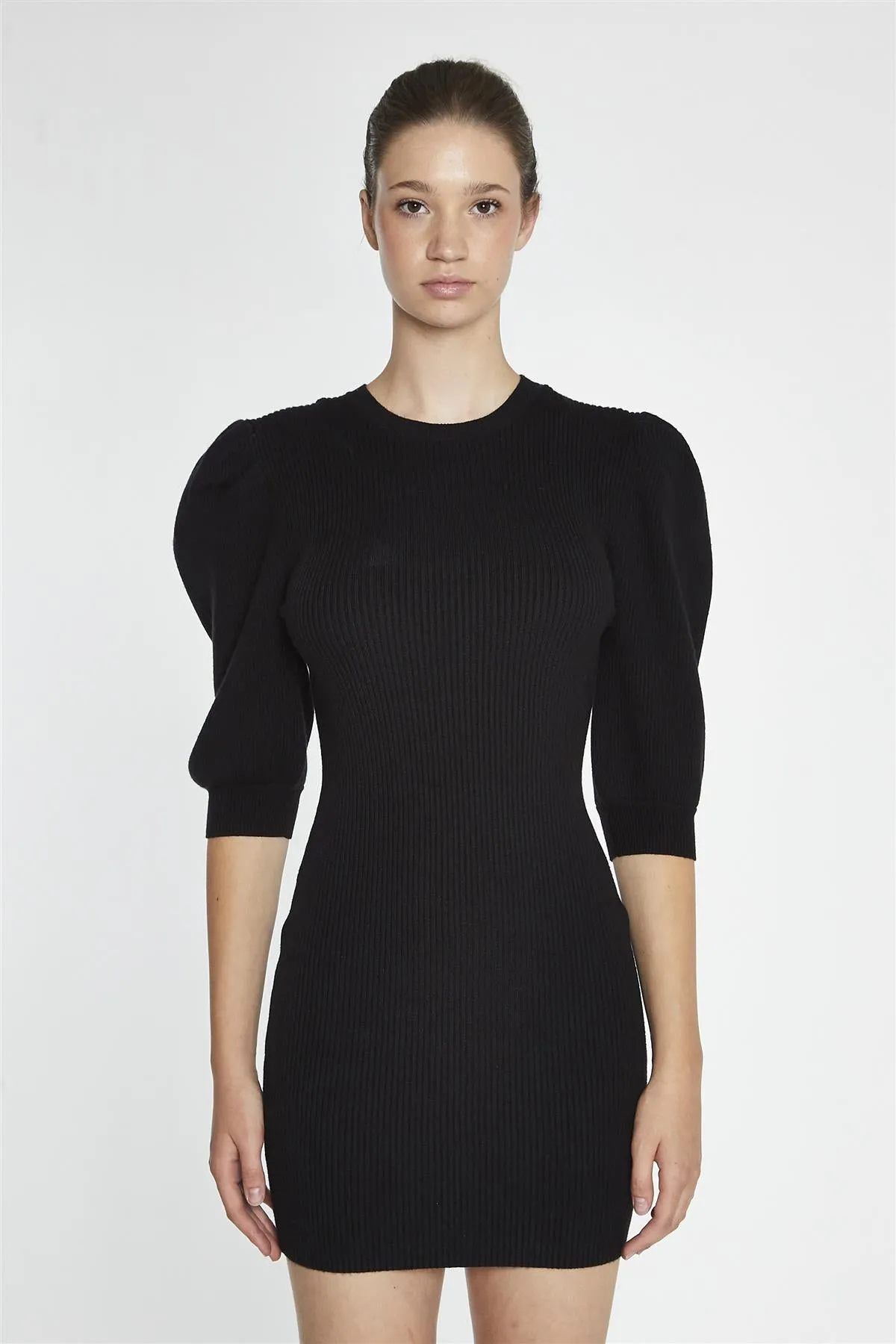 Black Puff-Sleeve Knitted Mini-Dress