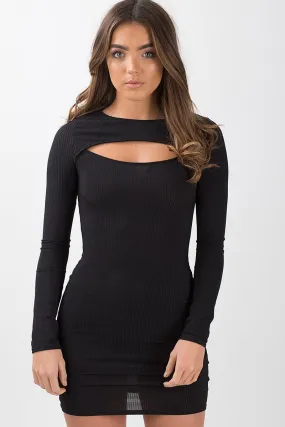 Black Ribbed Cut Out Bodycon Dress - Millie