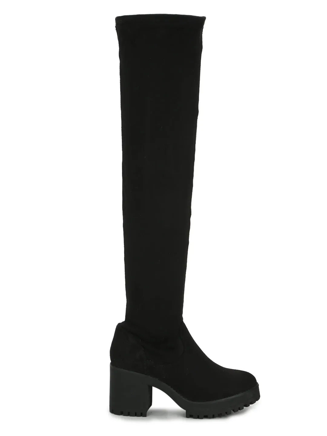 Black Stretch Micro Block Heel Long Boots