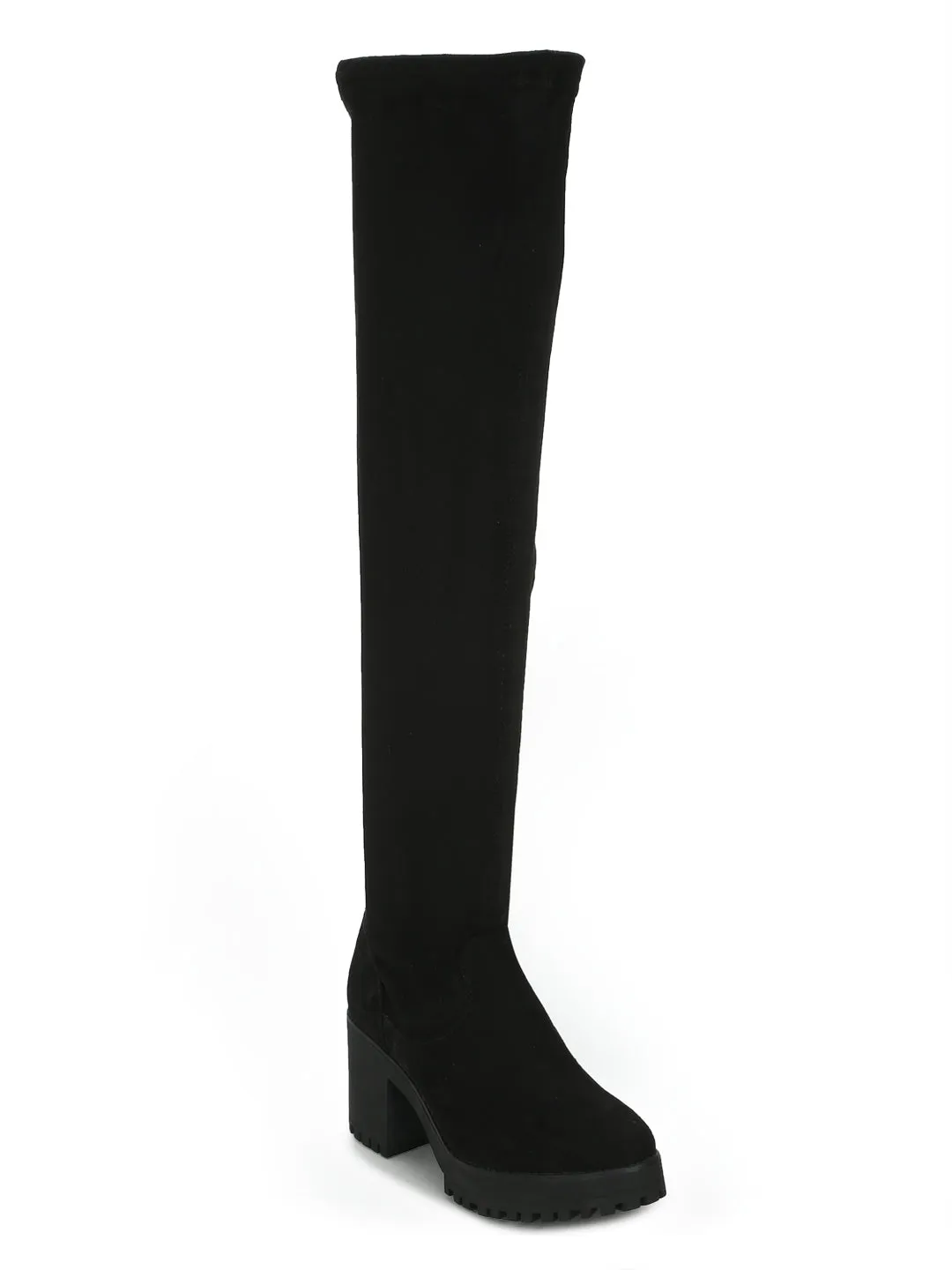 Black Stretch Micro Block Heel Long Boots