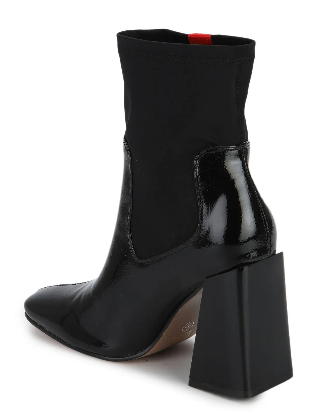 Black with Red Stripe Block Heel Ankle Boots