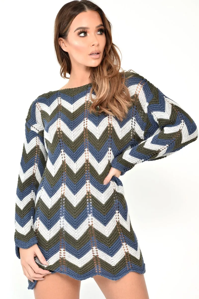 Blue Green Black Chevron Jumper Dress - Kalise