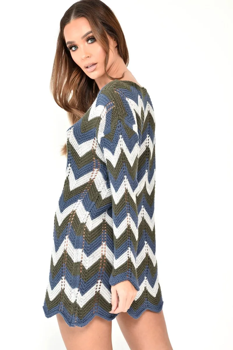 Blue Green Black Chevron Jumper Dress - Kalise