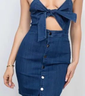 BOW TIE CUT OUT DENIM DRESS