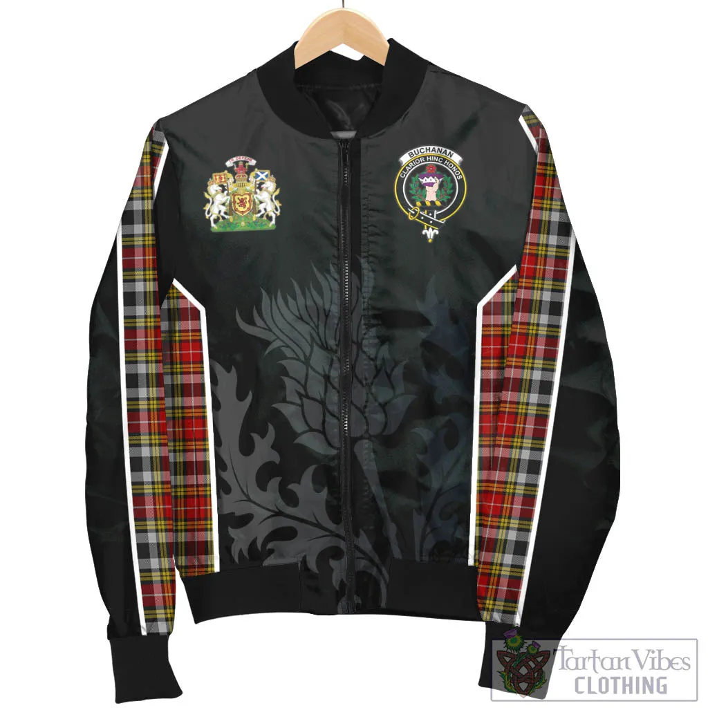 Buchanan Old Dress Tartan Bomber Jacket with Family Crest and Scottish Thistle Vibes Sport Style