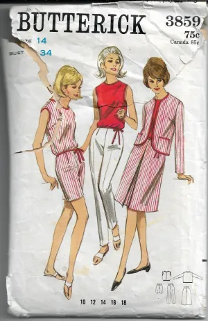 Butterick 3859 Ladies Sleeveless Blouse Skirt Jacket Vintage Sewing Pattern 1960s