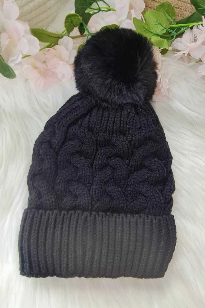 Cable Knit Pattern Soft Feel Pom Pom Hat