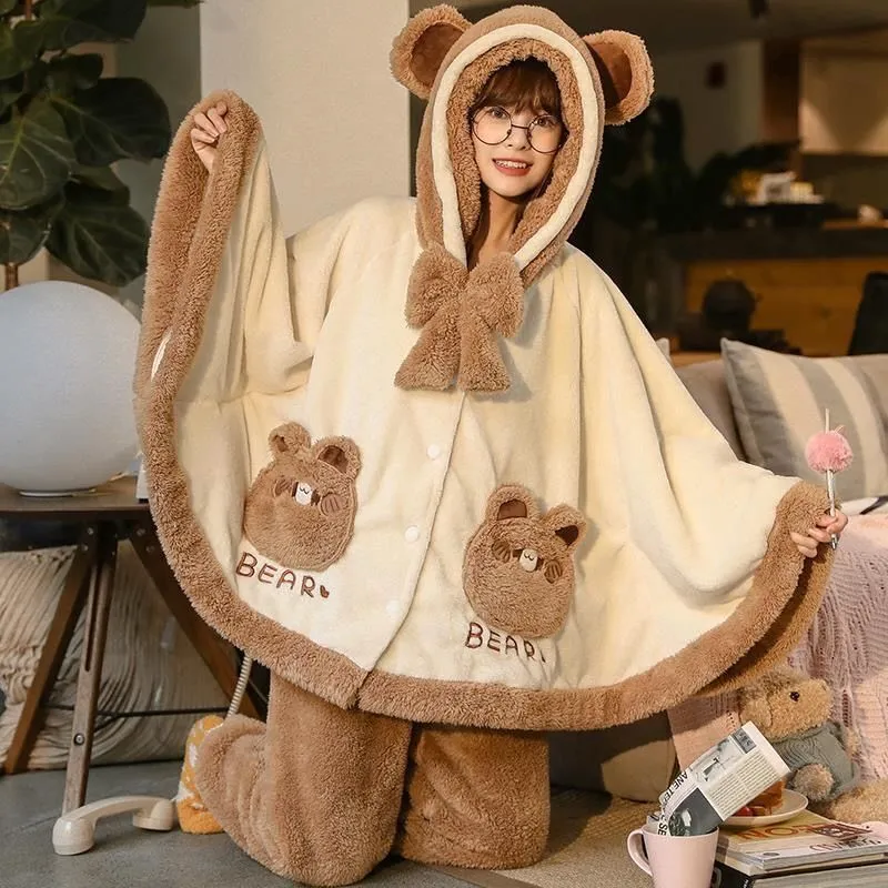 Cartoon Cloak Bowknot Hooded Bear Pajamas Set