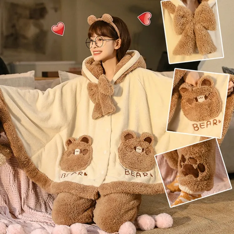 Cartoon Cloak Bowknot Hooded Bear Pajamas Set