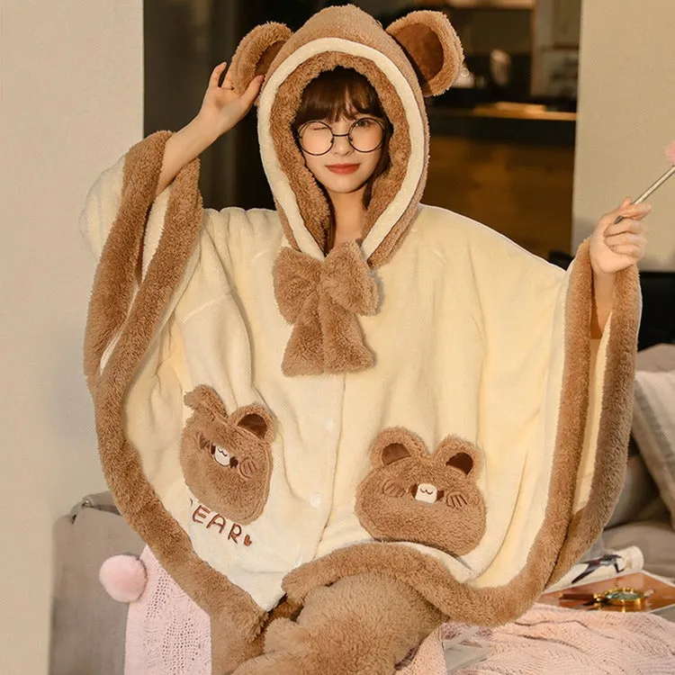 Cartoon Cloak Bowknot Hooded Bear Pajamas Set