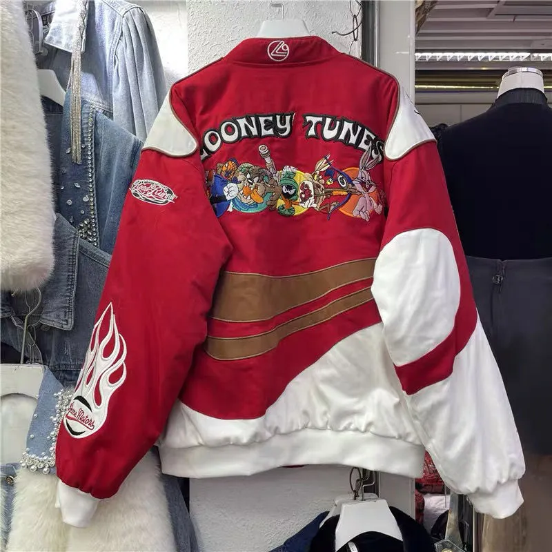 Cartoon Embroidery Bomber Jacket Harajuku Hip Hop Tide Baseball Uniform Autumn Winter Coat Warmth Men's Women's Motorcycle Suit