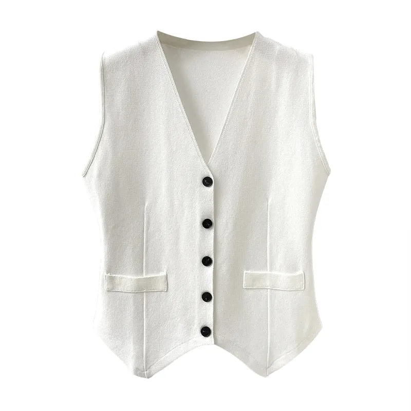 Casual Knitted Women's Vest V Neck Sleeveless Korean Minimalist Straight Plain Vests For Women Spring Clothing