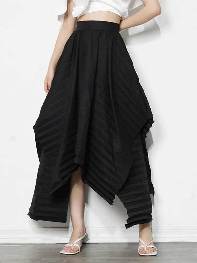 Casual Pleated Long Skirt For Women High Waist Irregular Hem Black Joker Skirts Female Fashion Clothing