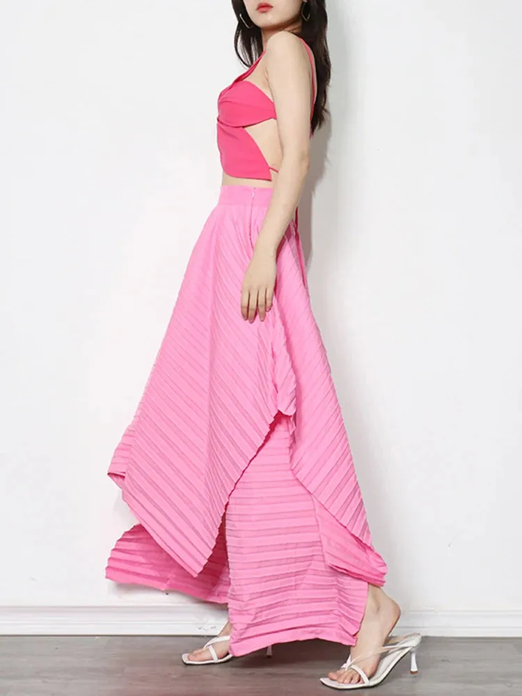 Casual Pleated Long Skirt For Women High Waist Irregular Hem Black Joker Skirts Female Fashion Clothing