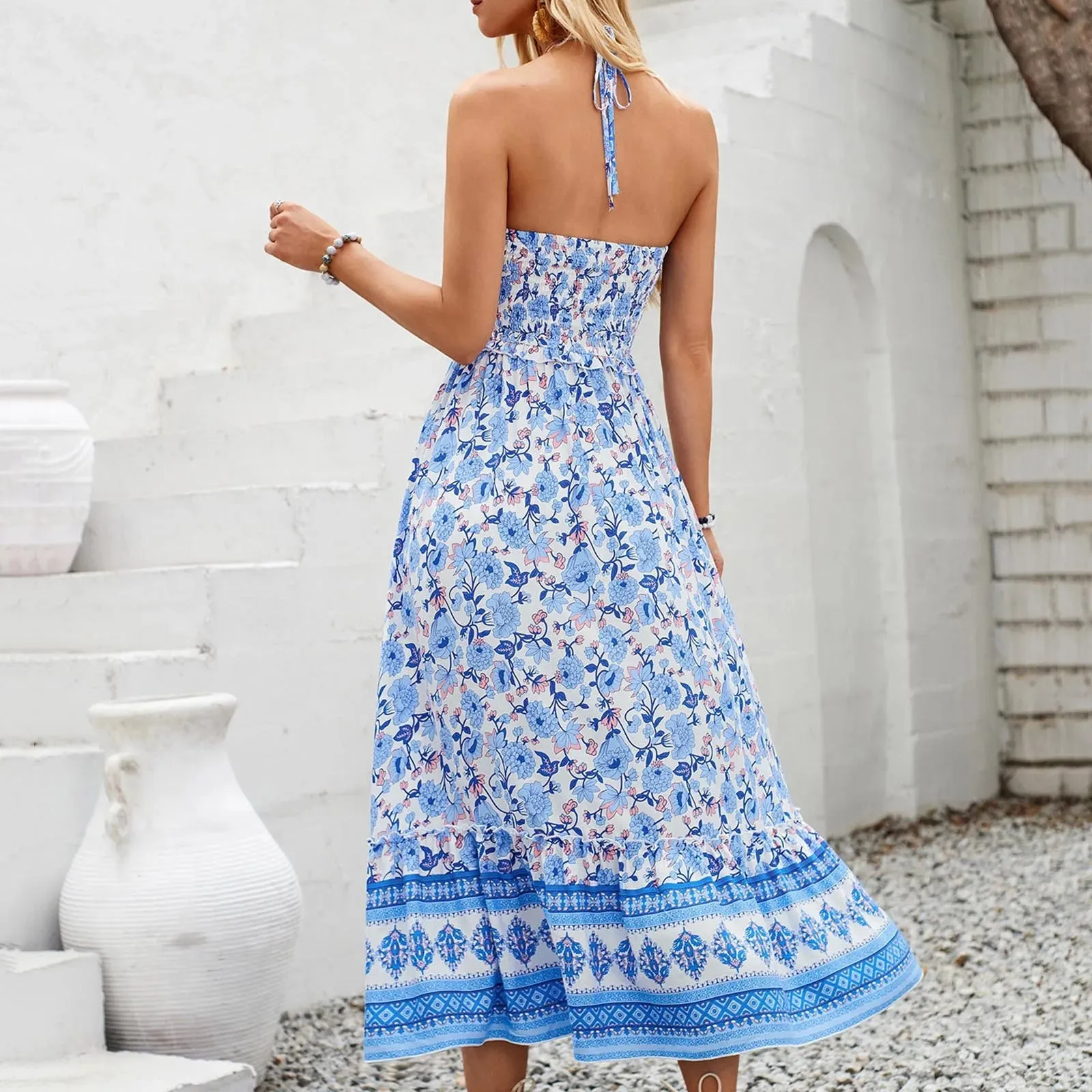 Casual Sleeveless Maxi Bohemian Cute Floral Elegant Below The Knee Women's Midi Boho Dress