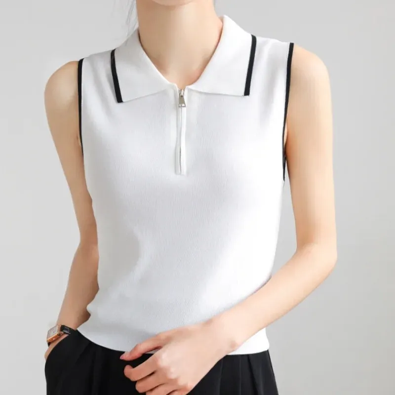 Casual Sweater Collar Size Women's Ice Silk French Style Vest Sleeveless