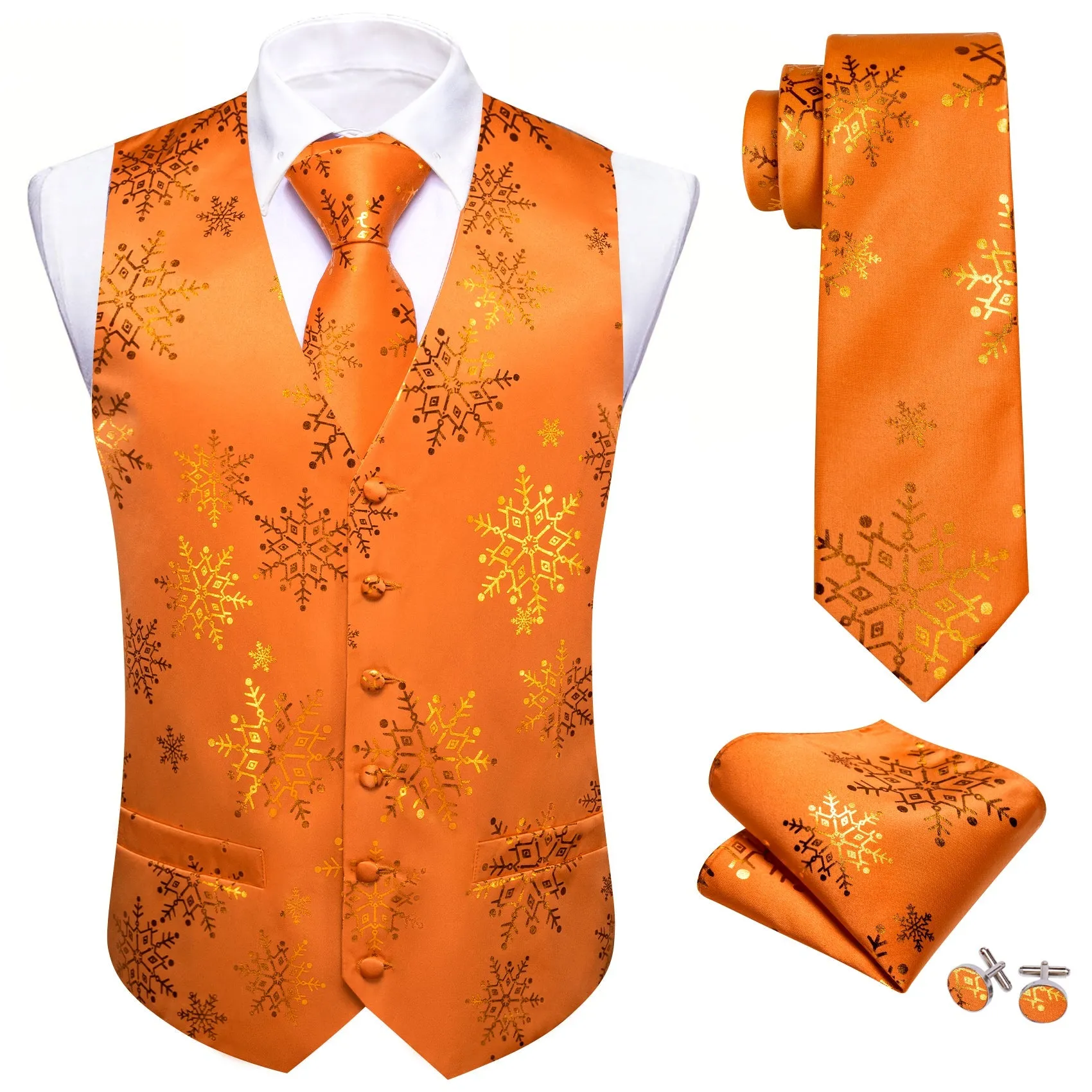 Christmas Orange Gold Snowflake Silk Men's Vest Hanky Cufflinks Tie Set