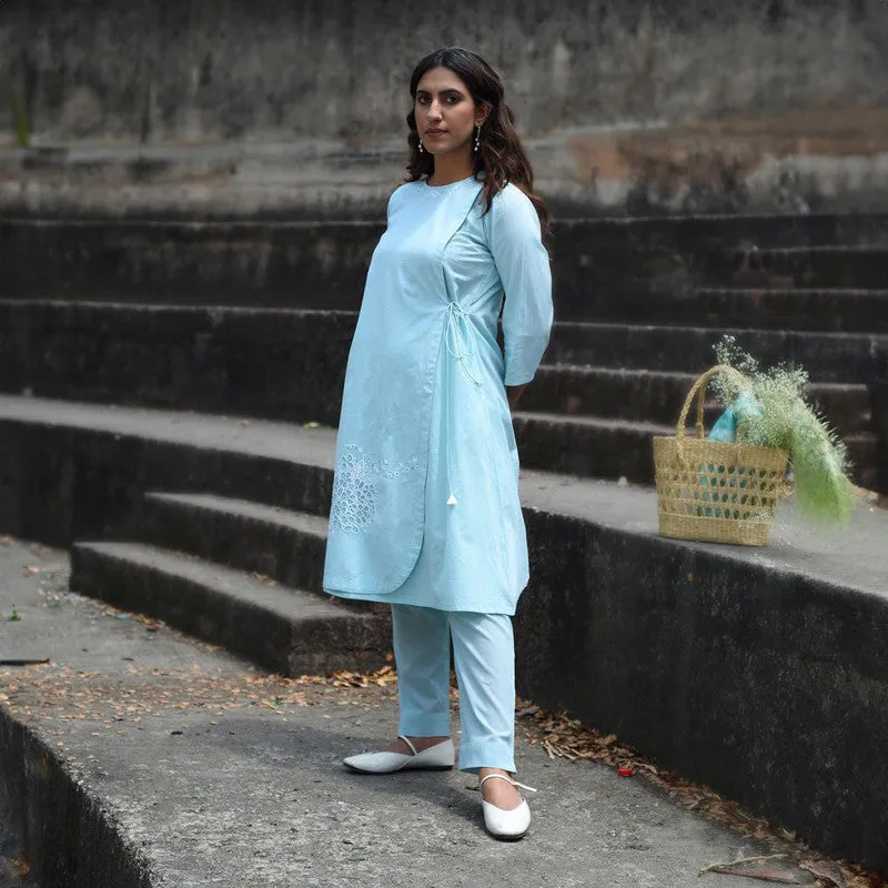 Cotton Angrakha Kurta for Women | Blue | Hand Embroidered