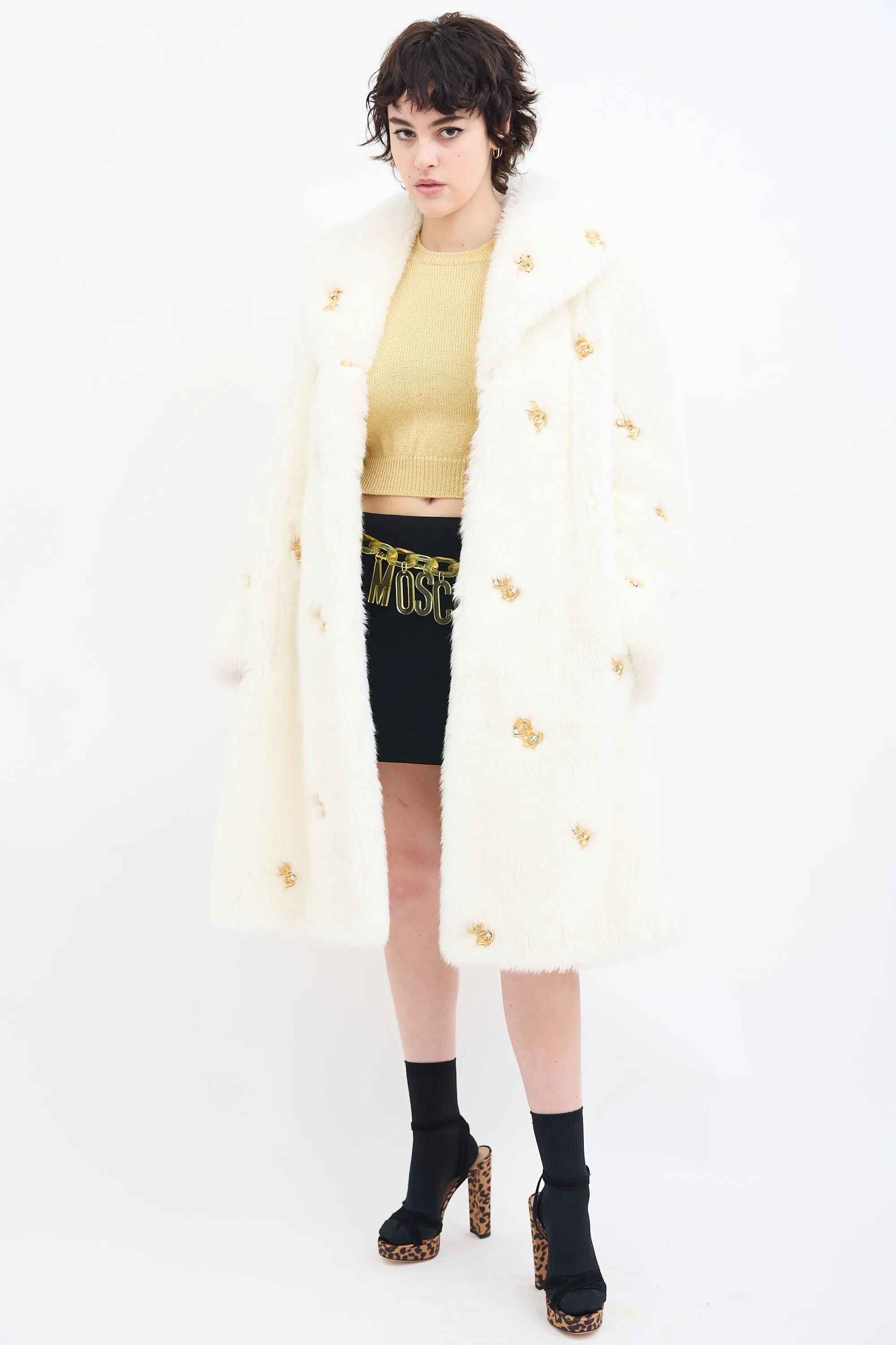 Couture White Faux Fur Embellished Coat