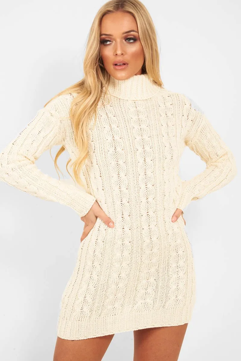 Cream Cable Knit Roll Neck Jumper Dress - Matilda