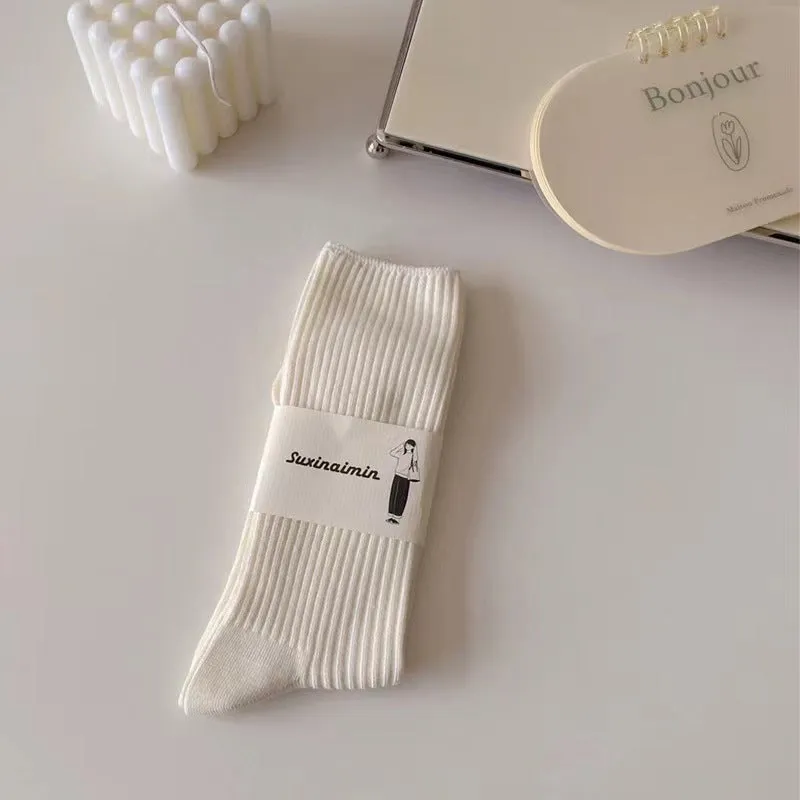 Creamy Bliss Vertical Striped Piles - JK Style Mid-Calf Socks