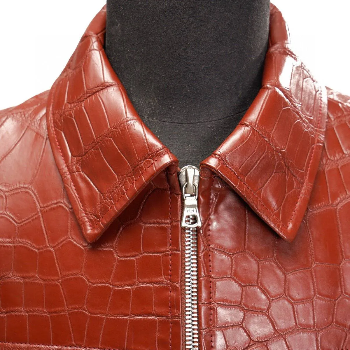 Crocodile Leather Jacket Zip Up Slim Fit Casual Trucker Coat Red