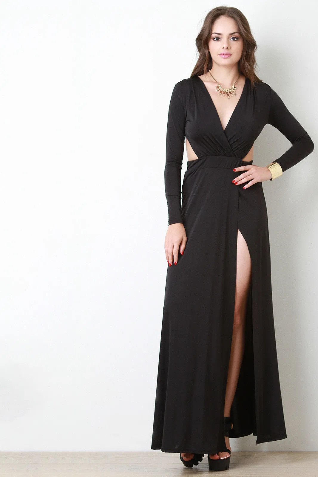 Cross Wrap Deep V Open Back Longsleeve Dress