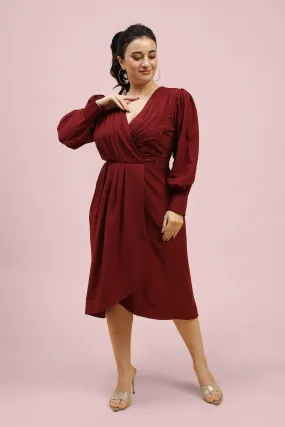 Curvy Lane Women Plus Size Pleated Coverlap Neck Drape Styled Dress