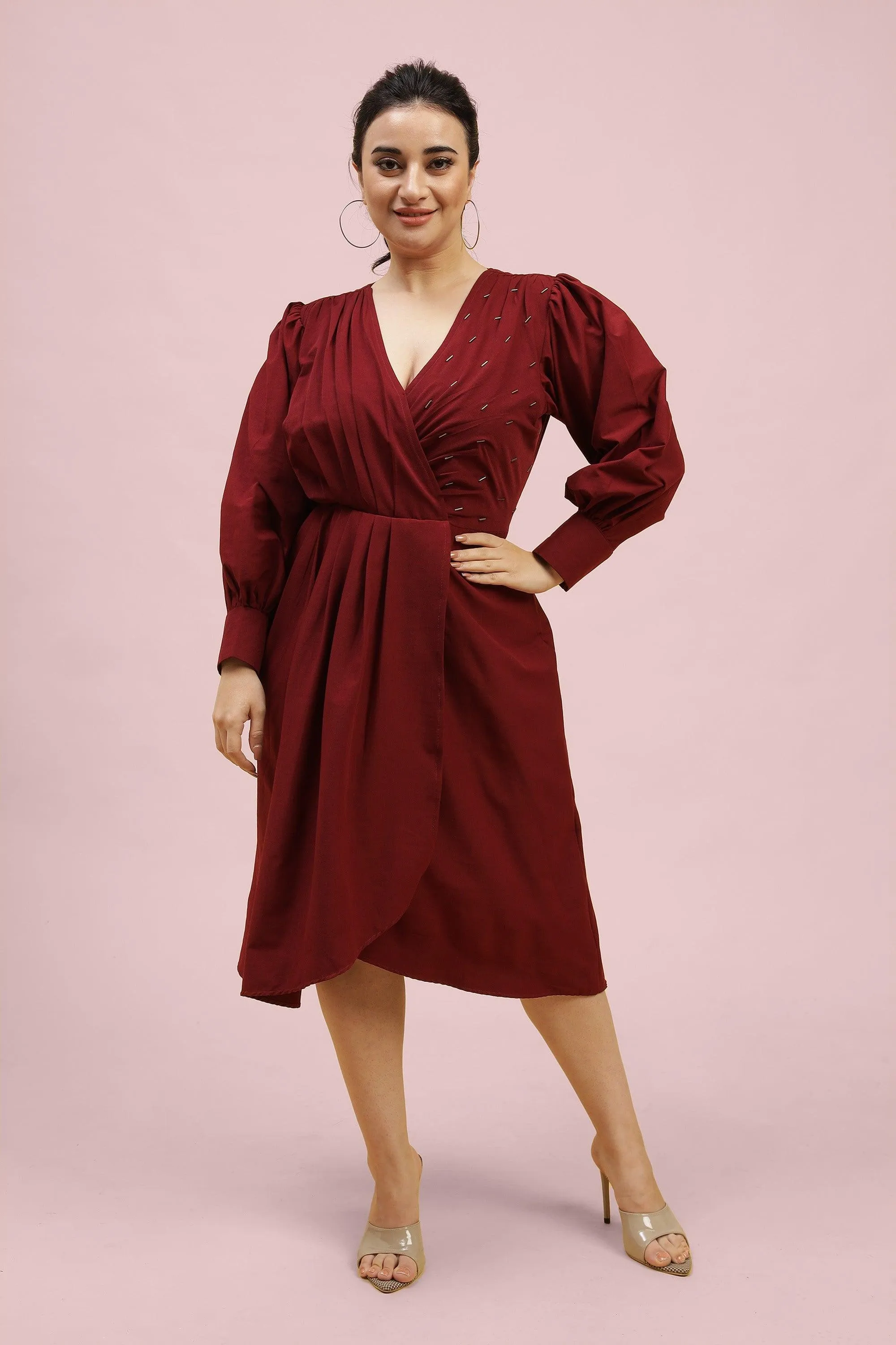 Curvy Lane Women Plus Size Pleated Coverlap Neck Drape Styled Dress