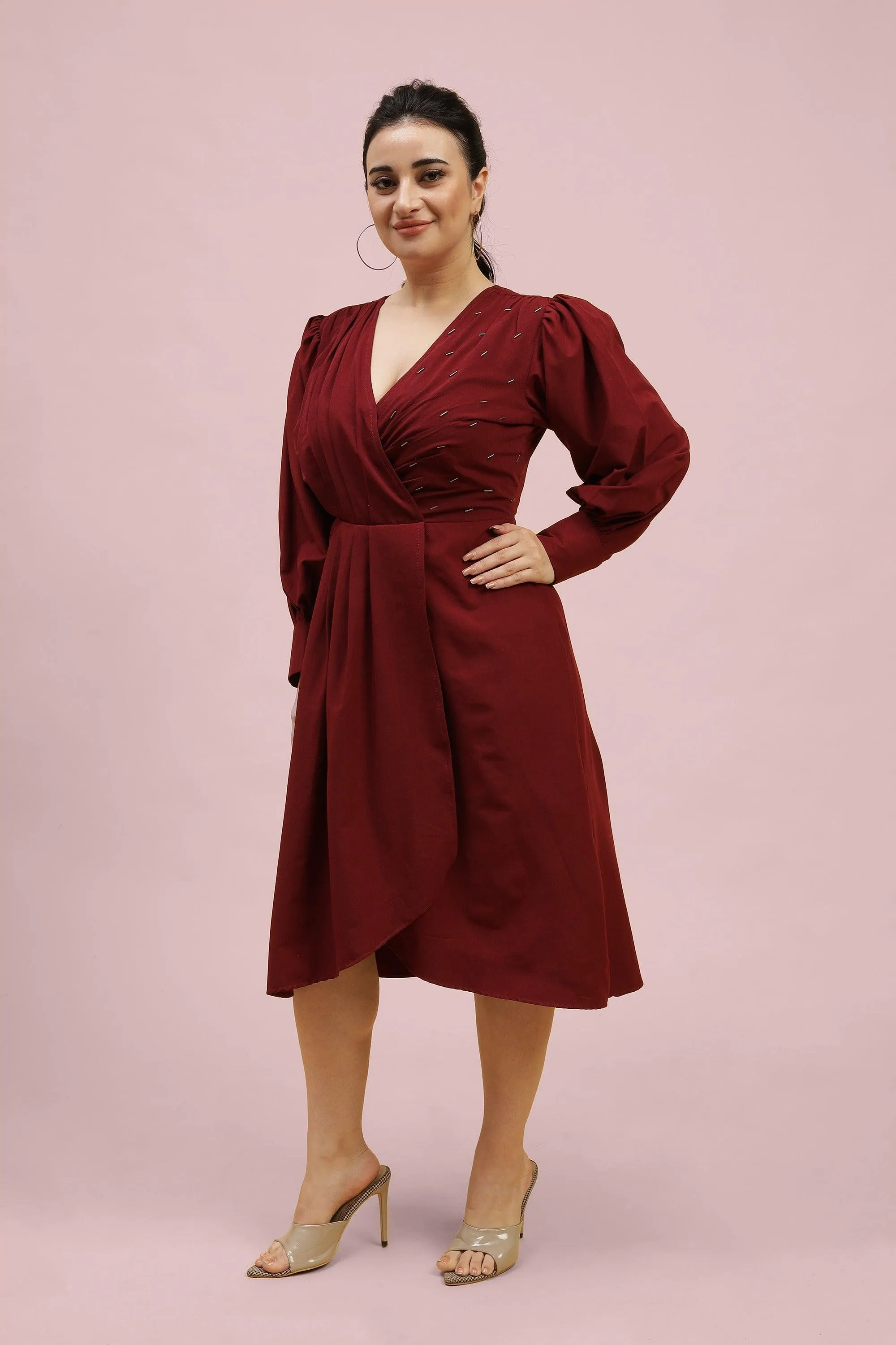 Curvy Lane Women Plus Size Pleated Coverlap Neck Drape Styled Dress