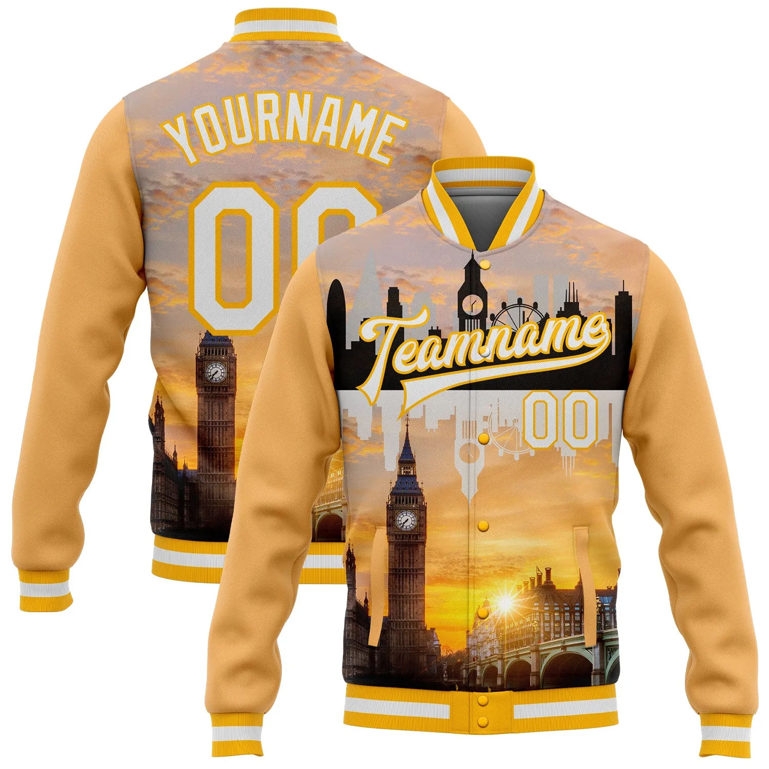 Custom Gold White Big Ben And Westminster Bridge London UK City Edition 3D Bomber Full-Snap Varsity Letterman Jacket