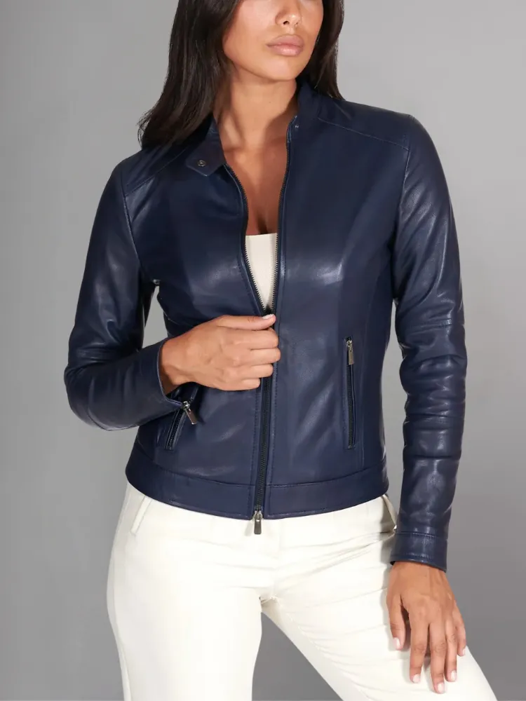 Custom Made Navy Blue Leather Motorcycle Jacket for Women