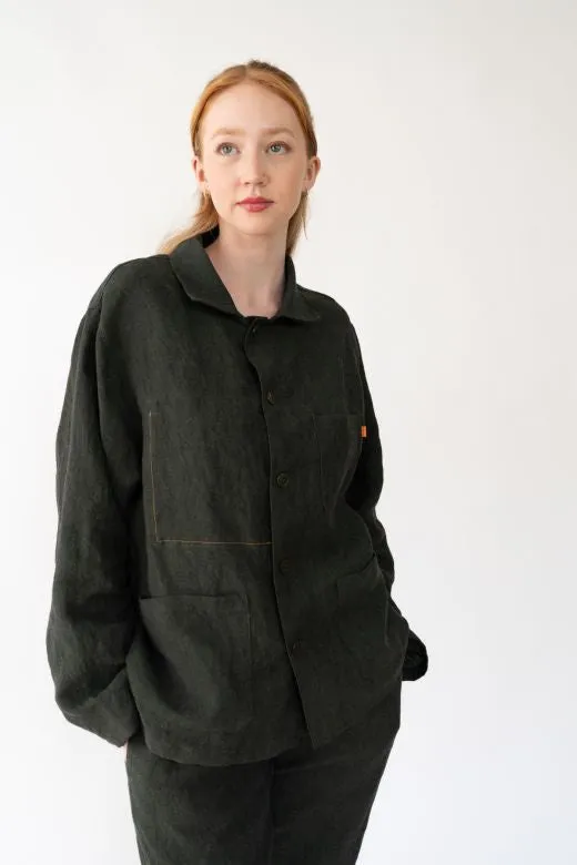 Dark Green Linen Utility Jacket