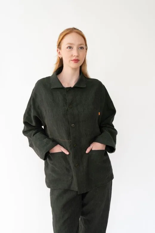 Dark Green Linen Utility Jacket