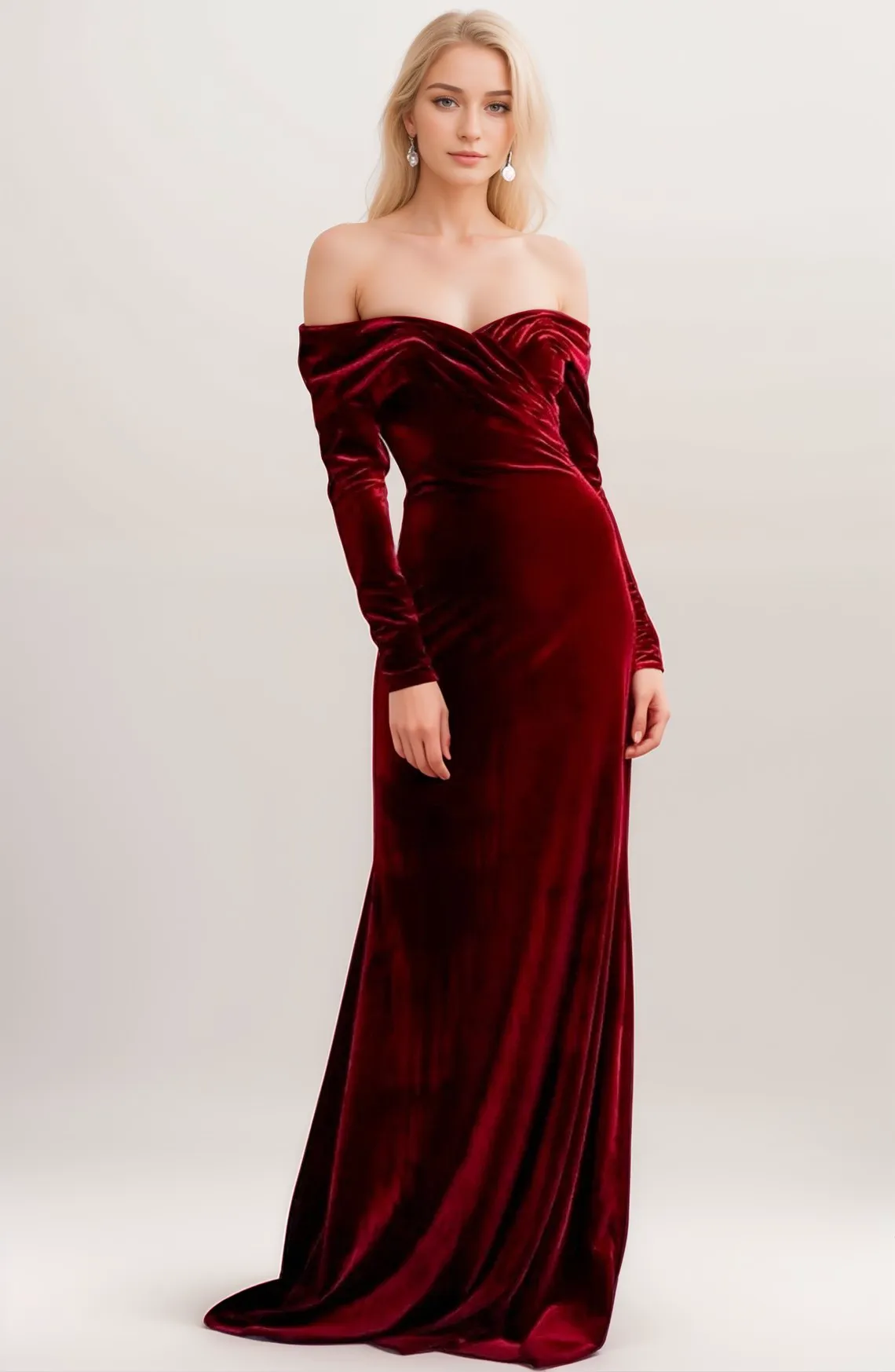 Elegant Off-the-Shoulder Velvet Prom Dress with Ruched Neckline and Long Sleeves